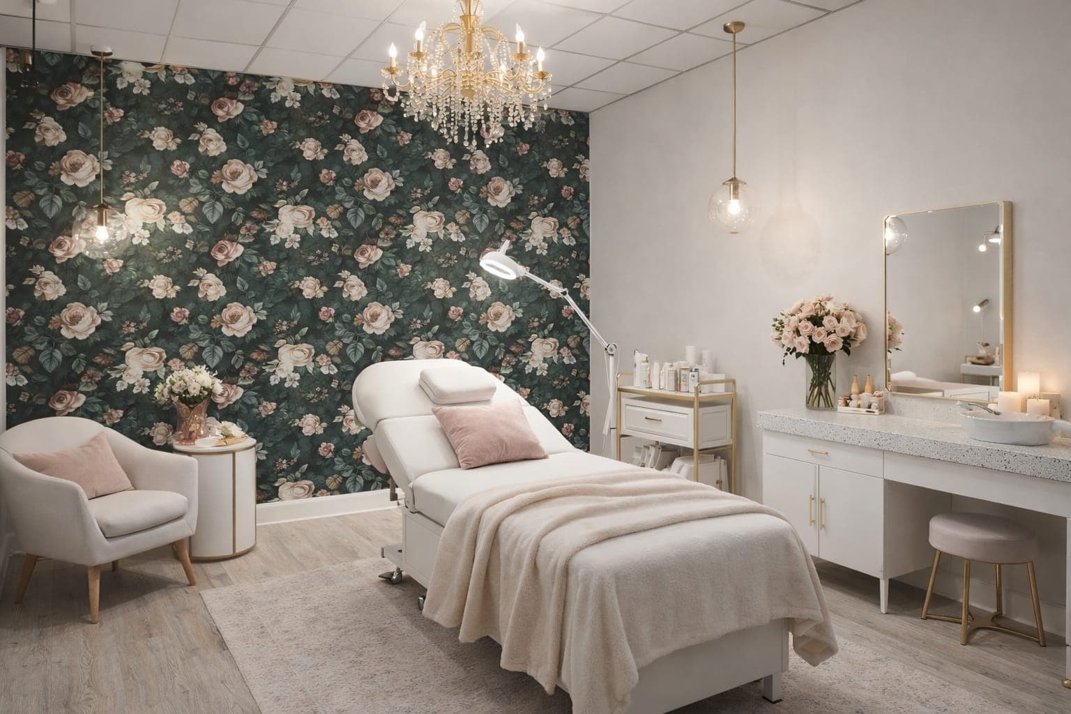 BABLIZ treatment room with green floral wall, chandelier and gold accents